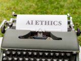 A vintage typewriter outdoors displaying "AI ethics" on paper, symbolizing tradition meets technology.