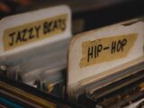 Vinyl records categorized under 'Jazzy Beats' and 'Hip-Hop' in a vintage collection.