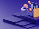a purple background with a basket of items and a target