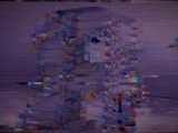 Distorted, glitchy abstract figure with purple hues.