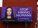 Billboard with woman and text "stop hiring humans"