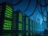 Servers illuminate a futuristic cityscape with a data center.
