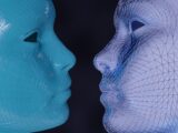 a blue and a white mannequin face to face