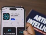 Hand holding a smartphone with AI chatbot app, emphasizing artificial intelligence and technology.