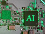 Glowing ai chip on a circuit board.