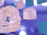 a person's head with a circuit board in the background