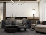 a living room filled with furniture and a chandelier