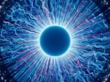 A close up of a blue eyeball in the dark